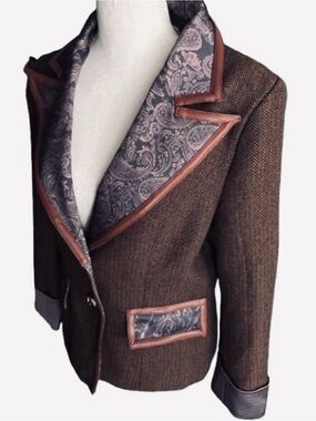 NWT Old money Equestrian Blazer Leather FUTARIO Jacket Tweed Buttons Horse